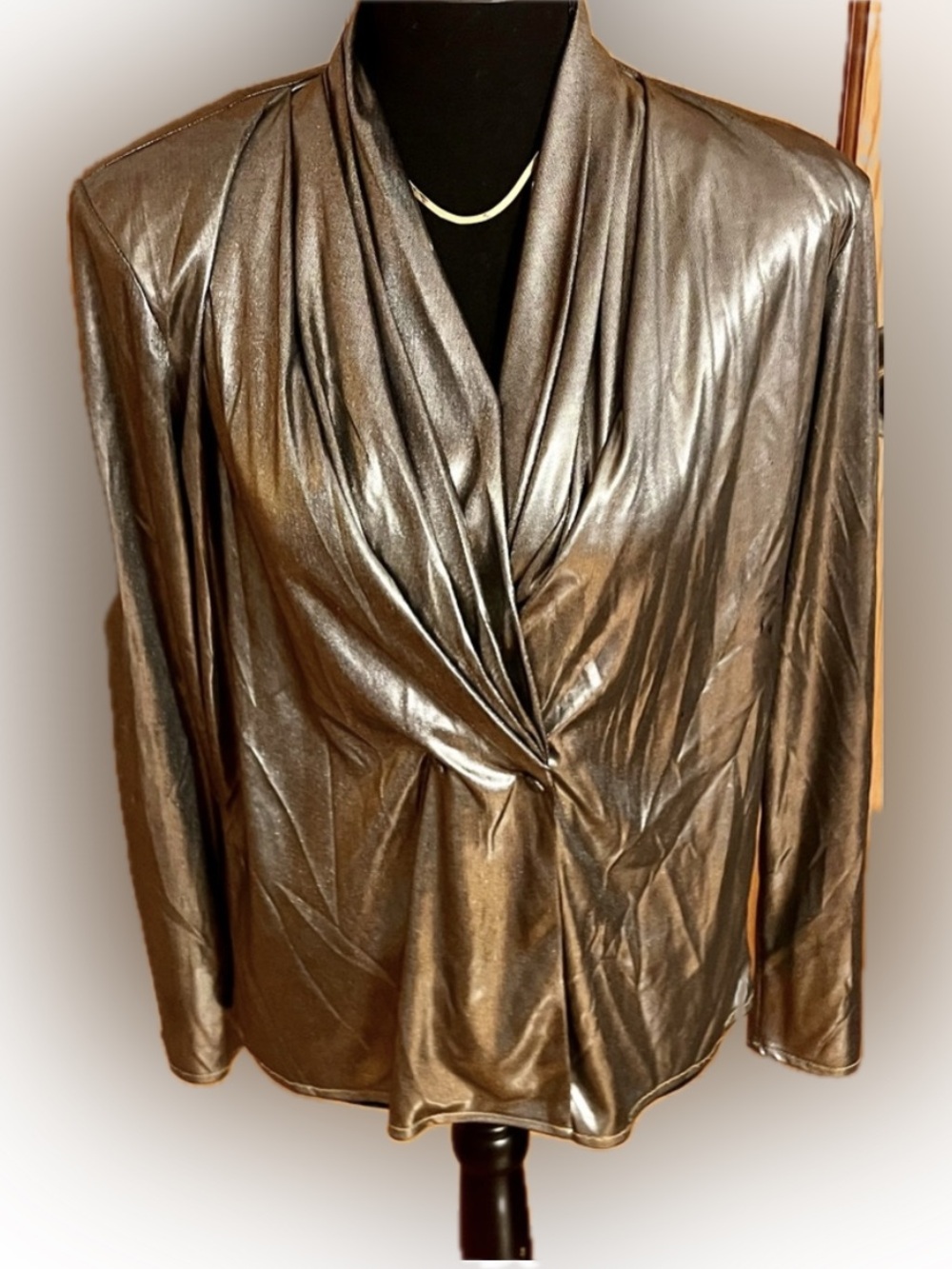 Anna Kriste VTG 80s Metallic Draped Wrap Top Silver Gunmetal Lame Disco Blouse 6
